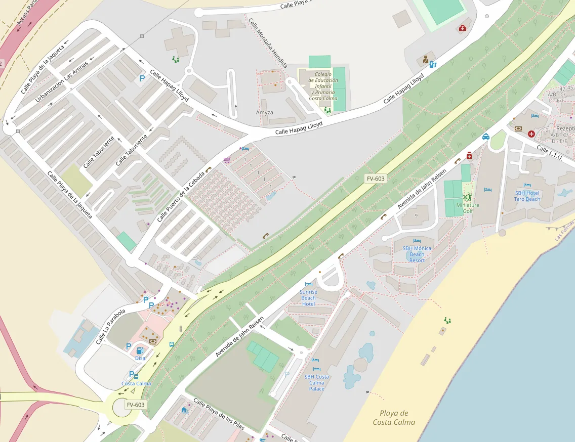 Stadtplan von Costa Calma mit der Lage beider Ferienhäuser und dem Strand